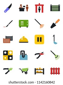 Color and black flat icon set - passport control vector, security gate, safe, trowel, rake, wheelbarrow, pruner, garden knife, scalpel, cargo container, rack, pause button, application, paper clip