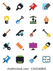 Color and black flat icon set - ladder car vector, drawing pin, bulb, job, pencil, garden fork, shovel, well, satellite, hdmi, presentation board, ink pen, plan