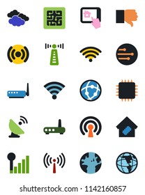 Color and black flat icon set - antenna vector, clouds, earth, satellite, finger down, network, wireless, cellular signal, smart home, chip, router, control app
