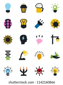 Color and black flat icon set - sun vector, brainstorm, bulb, garden light, traffic, torch, desk lamp, beer, candle, outdoor, alarm led, palm sproute, shining head, idea