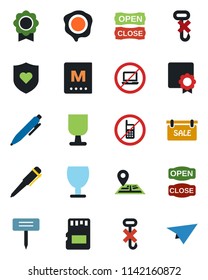Color and black flat icon set - no mobile vector, laptop, pen, stamp, plant label, heart shield, navigation, fragile, hook, sd, sertificate, sale, menu, open close, paper plane