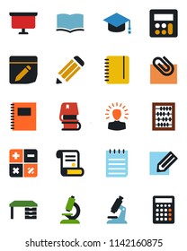 Color and black flat icon set - book vector, calculator, graduate, abacus, desk, notepad, presentation board, pencil, contract, microscope, notes, copybook, paper clip, shining head