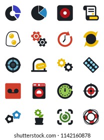 Color and black flat icon set - ticket office vector, washer, gear, circle chart, contract, pills blister, rec button, record, eye id, update, pie graph, target, flower in pot, omelette, clock