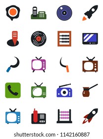 Color and black flat icon set - stamp vector, sickle, plant label, vinyl, radio, tv, phone, call, abacus, office, turkish coffee, rocket