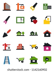 Color and black flat icon set - office building vector, trowel, ladder, wheelbarrow, saw, house, hospital, with tree, plan, estate document, sweet home, crane, message