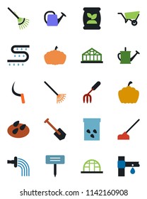 Color and black flat icon set - job vector, garden fork, rake, watering can, wheelbarrow, hoe, sickle, plant label, pumpkin, greenhouse, seeds, fertilizer, drip irrigation