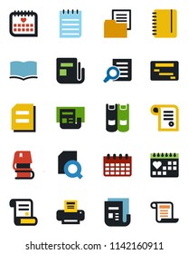 Color and black flat icon set - book vector, document search, notepad, calendar, contract, medical, folder, news, printer, schedule