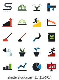 Color and black flat icon set - growth statistic vector, seedling, watering, hoe, sickle, greenhouse, fertilizer, drip irrigation, bar graph, pie, point, career ladder, crisis, presentation