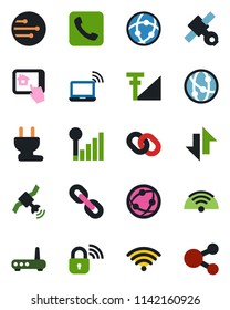 Color and black flat icon set - wireless notebook vector, satellite, network, chain, call, data exchange, cellular signal, power plug, lock, router, home control app, social media