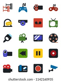Color and black flat icon set - ticket office vector, film frame, reel, gamepad, tv, video camera, pause button, rewind, rec, hdmi, record, web, intercome, surveillance