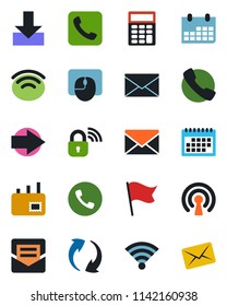 Color and black flat icon set - phone vector, right arrow, mail, mouse, calendar, call, update, download, wireless, calculator, lock, flag