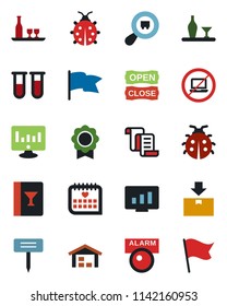Color and black flat icon set - no laptop vector, contract, statistic monitor, lady bug, plant label, blood test vial, medical calendar, package, search cargo, sertificate, warehouse, alcohol, flag