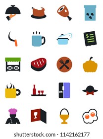 Color and black flat icon set - sickle vector, pumpkin, seeds, coffee, fridge, cook, alcohol, cafe, wine card, waiter, egg stand, dress code, alcove, restaurant receipt, chicken, steak, ham