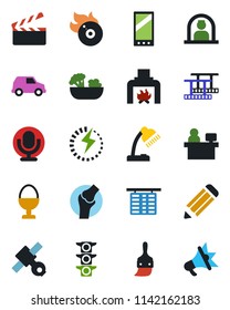 Color and black flat icon set - reception vector, flight table, manager place, pencil, joint, satellite, traffic light, clapboard, film frame, flame disk, microphone, mobile, themes, charge, salad