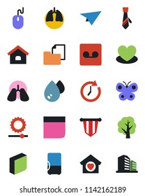 Color and black flat icon set - pennant vector, mouse, tree, butterfly, heart, lungs, folder document, record, brightness, blank box, tie, house, sweet home, water, fridge, clock, paper plane