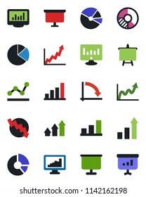 Color and black flat icon set - growth statistic vector, presentation board, crisis graph, monitor, circle chart, statistics, bar, pie, point, arrow up