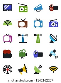 Color and black flat icon set - antenna vector, satellite, radio, loudspeaker, tv, video camera, wireless