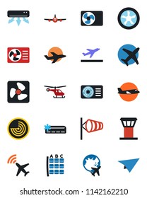 Color and black flat icon set - airport tower vector, plane radar, departure, wind, helicopter, seat map, globe, air conditioner, fan, paper