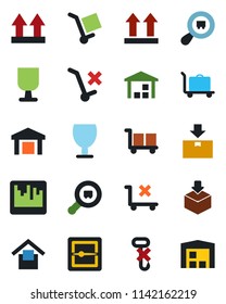 Color and black flat icon set - baggage trolley vector, fragile, cargo, warehouse storage, up side sign, no, hook, package, search, scanner