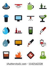 Color and black flat icon set - hot cup vector, water drop, dropper, flammable, monitor, alcohol, drink, cocktail, filter, sprinkler, flask