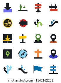 Color and black flat icon set - escalator vector, signpost, left arrow, radar, route, pin, download, place tag, compass, flag, guidepost