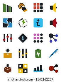 Color and black flat icon set - package vector, sorting, settings, touch screen, menu, charge, application, pen, sound, information, social media
