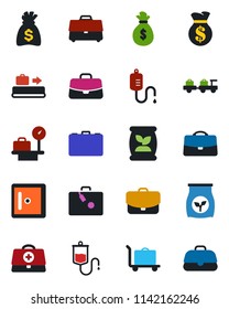 Color and black flat icon set - suitcase vector, baggage conveyor, trolley, larry, luggage scales, checkroom, case, money bag, fertilizer, doctor, dropper