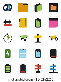 Color and black flat icon set - signpost vector, notepad, wheelbarrow, battery, low, folder, charge, blank box, plates, guidepost