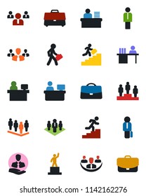 Color and black flat icon set - manager vector, pedestal, team, place, client, case, company, desk, career ladder, group