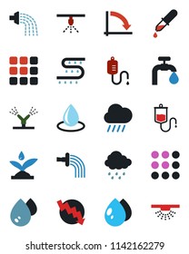 Color and black flat icon set - crisis graph vector, watering, water drop, rain, drip irrigation, dropper, menu, supply, sprinkler