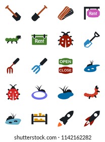 Color and black flat icon set - job vector, garden fork, shovel, lady bug, caterpillar, pond, rack, rent, bacon, open close, rocket