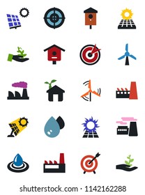 Color and black flat icon set - factory vector, bird house, target, sun panel, windmill, eco, water, palm sproute