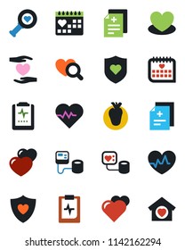 Color and black flat icon set - heart vector, pulse, diagnosis, blood pressure, diagnostic, shield, hand, real, medical calendar, clipboard, sweet home