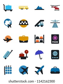 Color and black flat icon set - plane vector, runway, taxi, suitcase, baggage trolley, airport bus, umbrella, passport, ladder car, helicopter, seat map, luggage storage, scales, globe, mountains