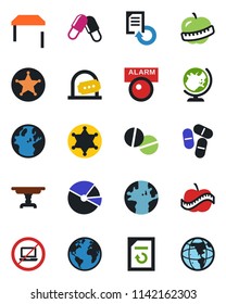 Color and black flat icon set - no laptop vector, ticket office, globe, document reload, pills, diet, earth, pie graph, table, police, alarm led