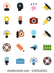 Color and black flat icon set - brainstorm vector, bulb, camera, pencil, fence, rolling pin, energy saving, shining head, idea, paper plane, crisis management