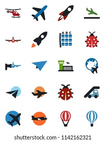 Color and black flat icon set - plane vector, arrival, ladder car, boarding, helicopter, seat map, globe, airport building, lady bug, rocket, paper, air balloon