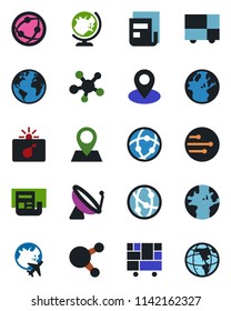 Color and black flat icon set - satellite antenna vector, bomb in case, globe, plane, earth, pin, consolidated cargo, network, share, news