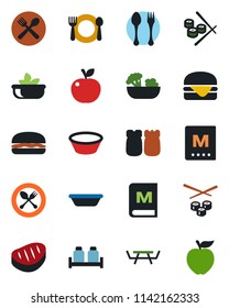 Color and black flat icon set - spoon and fork vector, picnic table, cafe, menu, salad, salt pepper, steak, hamburger, bowl, sushi, apple fruit
