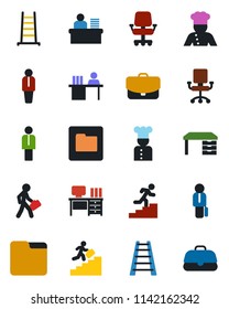 Color and black flat icon set - manager vector, desk, ladder, folder, career, cook, office chair, case