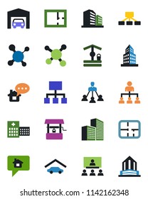 Color and black flat icon set - hierarchy vector, well, molecule, hospital, office building, garage, plan, home message