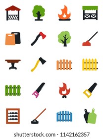 Color and black flat icon set - fence vector, tree, saw, fire, hoe, axe, abacus, table, alcove, cutting board