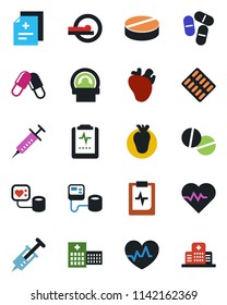 Color and black flat icon set - heart pulse vector, diagnosis, syringe, blood pressure, pills, blister, tomography, real, clipboard, hospital