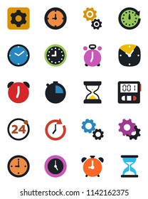 Color and black flat icon set - 24 around vector, alarm clock, settings, stopwatch, gear, sand