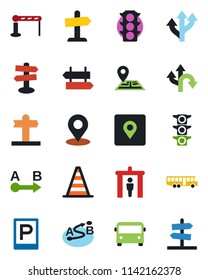 Color and black flat icon set - airport bus vector, parking, barrier, security gate, signpost, border cone, route, navigation, traffic light, place tag, guidepost