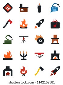 Color and black flat icon set - bomb in case vector, fire, hose, axe, fireplace, flammable, flame disk, candle, sprinkler, rocket