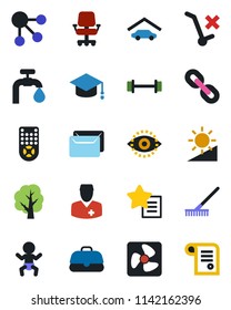 Color and black flat icon set - baby vector, graduate, rake, tree, barbell, doctor, no trolley, remote control, chain, favorites list, brightness, eye id, mail, water supply, garage, fan, case