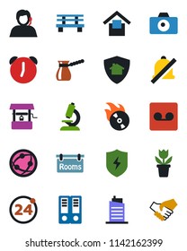 Color and black flat icon set - 24 around vector, camera, office binder, flower in pot, well, bench, microscope, support, warehouse storage, flame disk, network, protect, alarm, record, mute, rooms