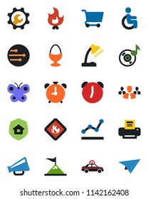 Color and black flat icon set - alarm clock vector, car, butterfly, fire, disabled, flammable, loudspeaker, network, music, root setup, point graph, desk lamp, printer, estate insurance, egg stand