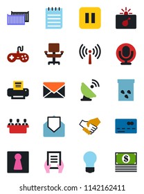Color and black flat icon set - antenna vector, female, credit card, bomb in case, mail, notepad, document, bulb, seeds, cargo container, satellite, gamepad, microphone, pause button, office chair